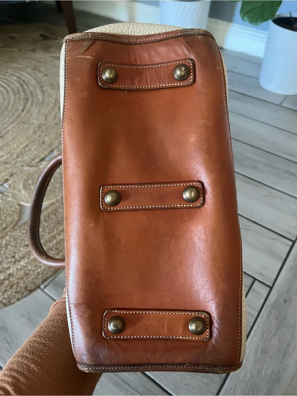 Dooney & Bourke Cream Pebbled Leather Satchel with Brown Trim